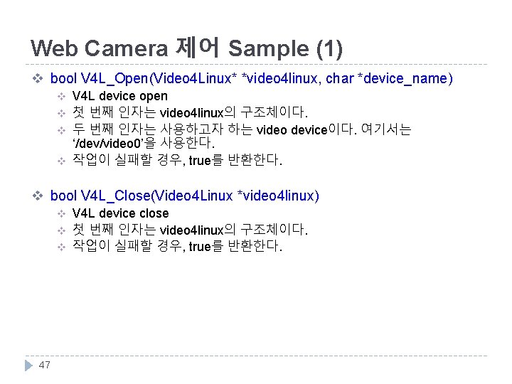 Web Camera 제어 Sample (1) v bool V 4 L_Open(Video 4 Linux* *video 4
