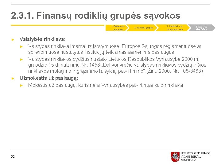 2. 3. 1. Finansų rodiklių grupės sąvokos 1. Sudarymo principai ► ► 32 2.