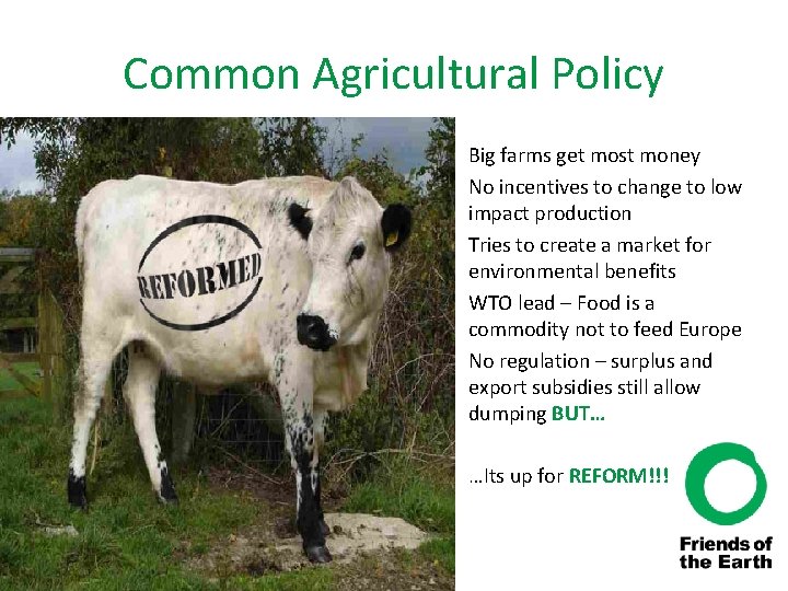 Common Agricultural Policy • Big farms get most money • No incentives to change
