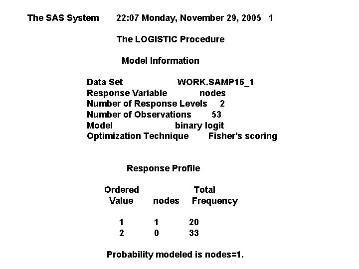 The SAS System 22: 07 Monday, November 29, 2005 1 The LOGISTIC Procedure Model