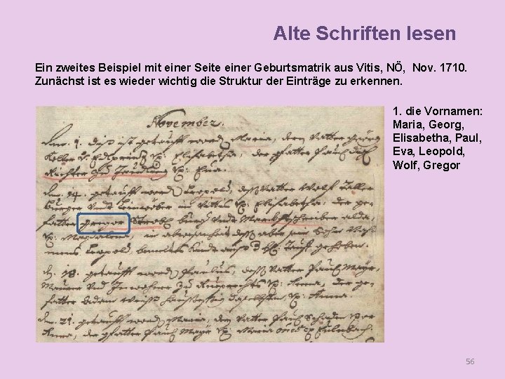 Alte Schriften lesen Ein zweites Beispiel mit einer Seite einer Geburtsmatrik aus Vitis, NÖ,
