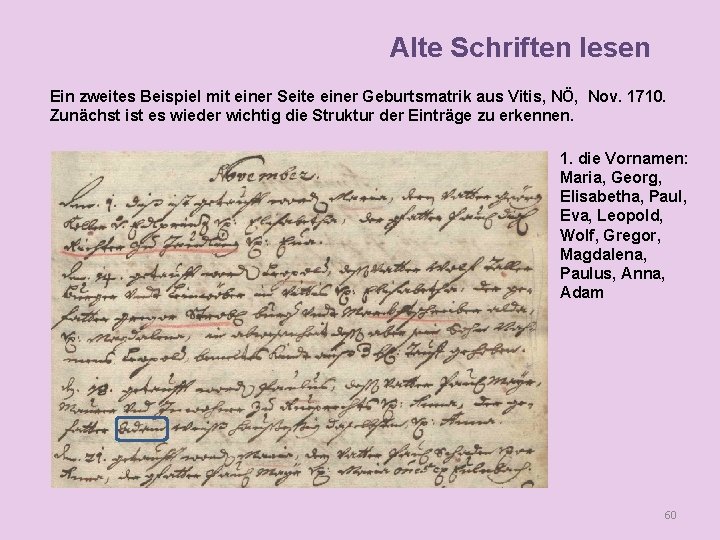 Alte Schriften lesen Ein zweites Beispiel mit einer Seite einer Geburtsmatrik aus Vitis, NÖ,