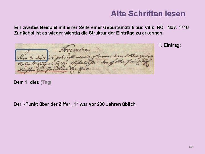 Alte Schriften lesen Ein zweites Beispiel mit einer Seite einer Geburtsmatrik aus Vitis, NÖ,