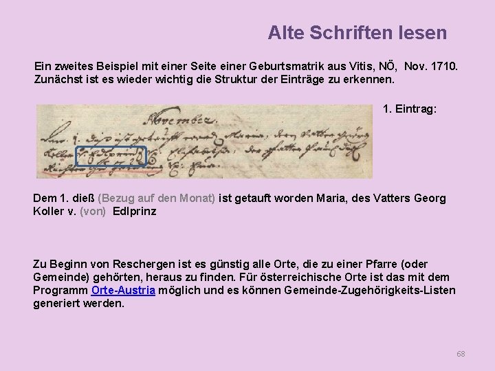 Alte Schriften lesen Ein zweites Beispiel mit einer Seite einer Geburtsmatrik aus Vitis, NÖ,