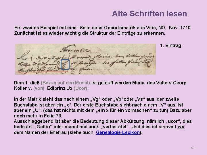 Alte Schriften lesen Ein zweites Beispiel mit einer Seite einer Geburtsmatrik aus Vitis, NÖ,