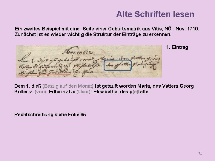 Alte Schriften lesen Ein zweites Beispiel mit einer Seite einer Geburtsmatrik aus Vitis, NÖ,