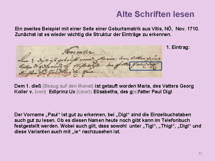 Alte Schriften lesen Ein zweites Beispiel mit einer Seite einer Geburtsmatrik aus Vitis, NÖ,