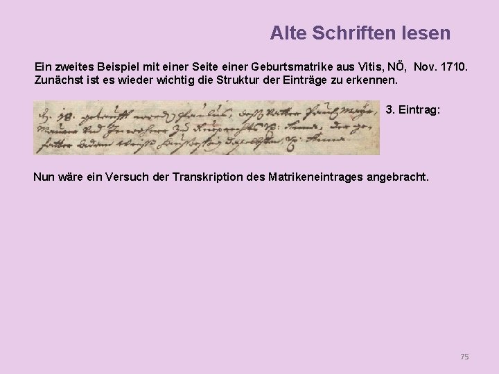 Alte Schriften lesen Ein zweites Beispiel mit einer Seite einer Geburtsmatrike aus Vitis, NÖ,