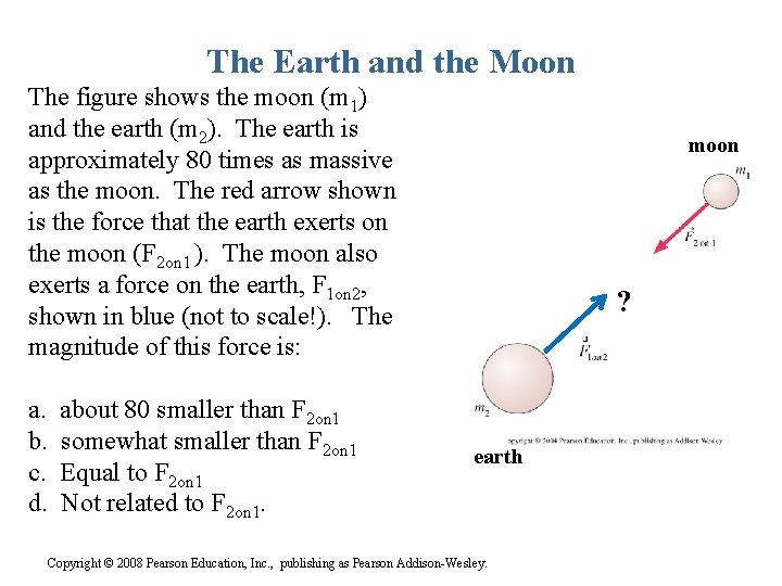 The Earth and the Moon The figure shows the moon (m 1) and the