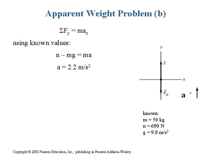 Apparent Weight Problem (b) ΣFy = may using known values: n – mg =