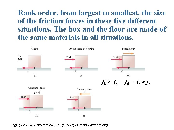 Rank order, from largest to smallest, the size of the friction forces in these