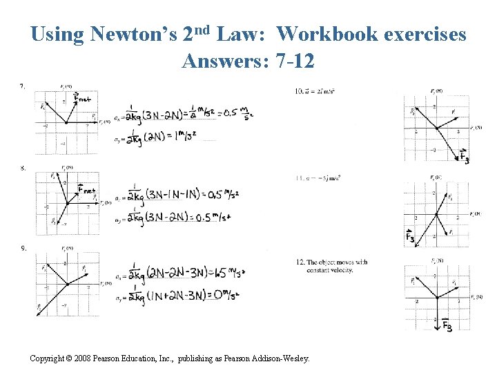 Using Newton’s 2 nd Law: Workbook exercises Answers: 7 -12 Copyright © 2008 Pearson