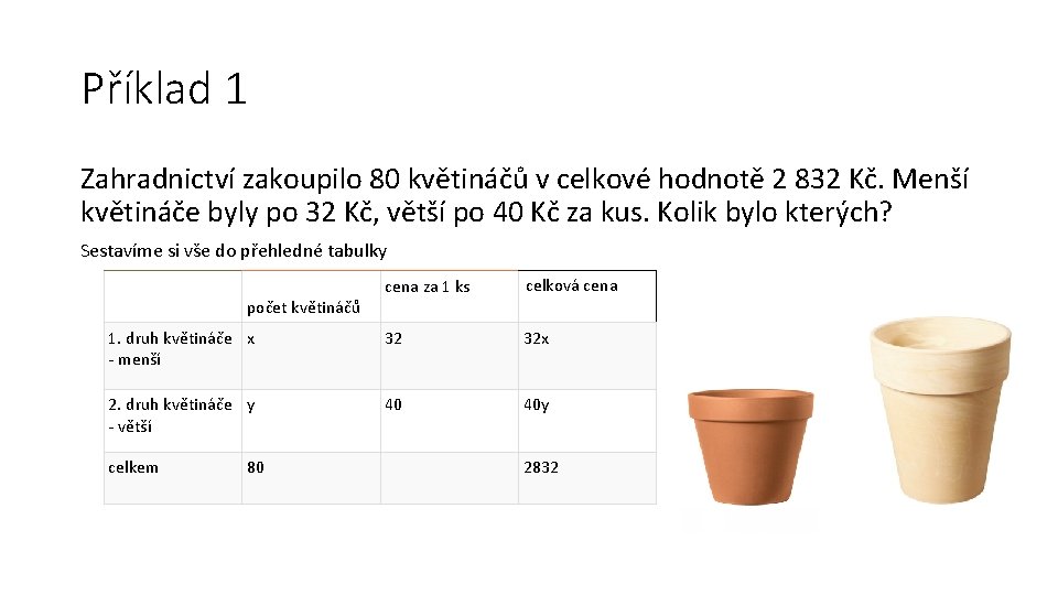 Příklad 1 Zahradnictví zakoupilo 80 květináčů v celkové hodnotě 2 832 Kč. Menší květináče