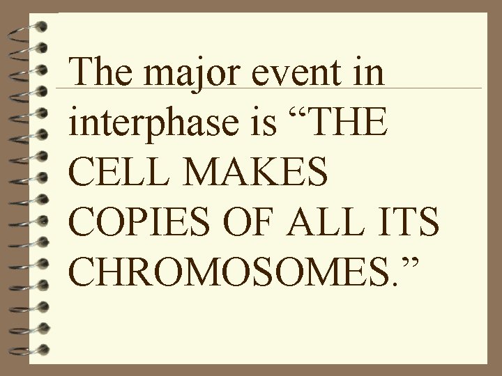 The major event in interphase is “THE CELL MAKES COPIES OF ALL ITS CHROMOSOMES.