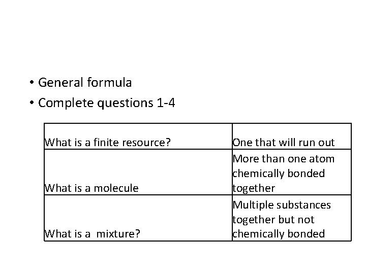  • General formula • Complete questions 1 -4 What is a finite resource?