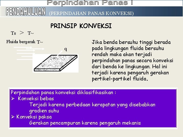 (PERPINDAHAN PANAS KONVEKSI) Ts > PRINSIP KONVEKSI T~ Fluida bergerak T~ q Ts Jika