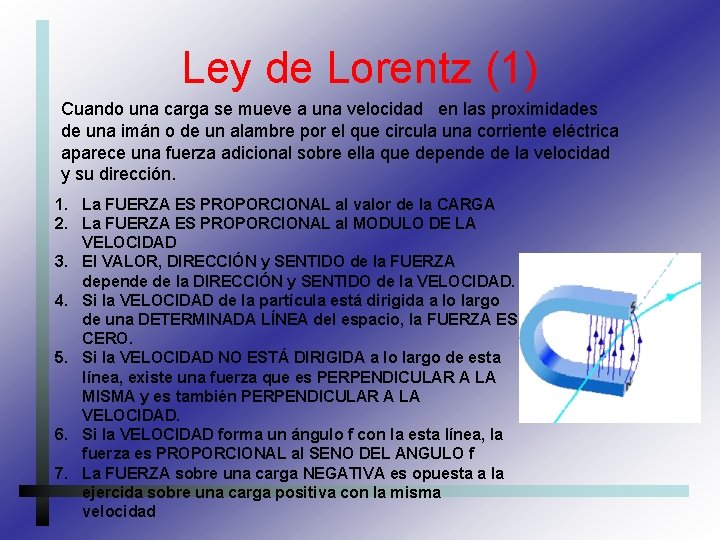 Ley de Lorentz (1) Cuando una carga se mueve a una velocidad en las