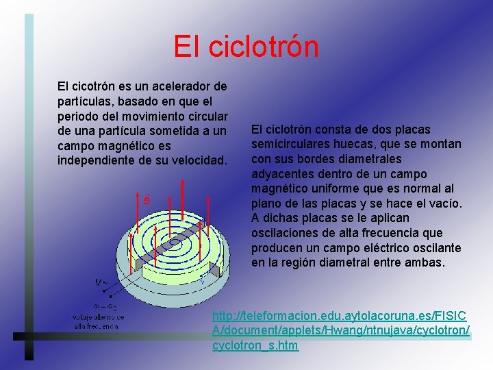 El ciclotrón El cicotrón es un acelerador de partículas, basado en que el periodo