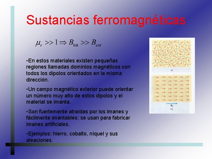 Sustancias ferromagnéticas • En estos materiales existen pequeñas regiones llamadas dominios magnéticos con todos