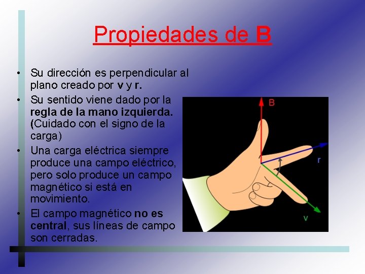 Propiedades de B • Su dirección es perpendicular al plano creado por v y