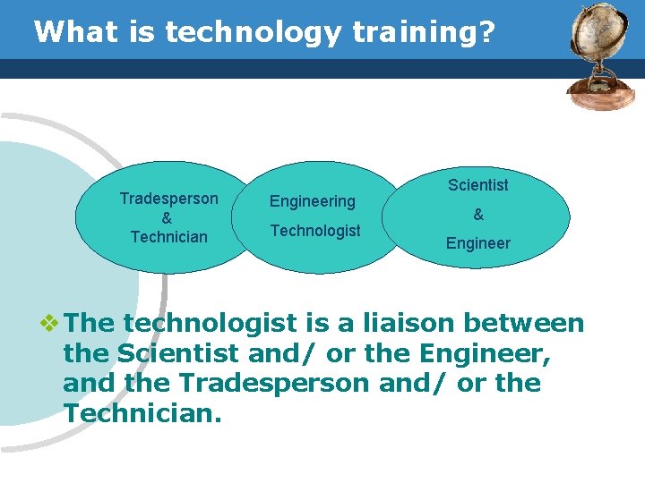 What is technology training? Tradesperson & Technician Engineering Technologist Scientist & Engineer v The