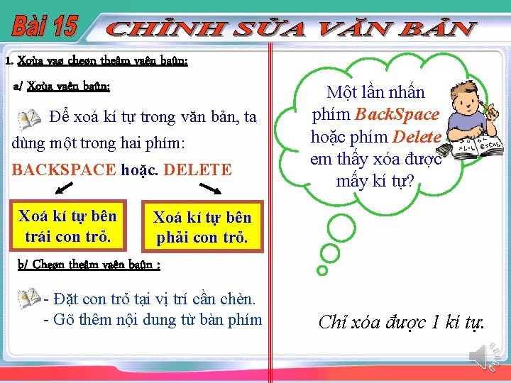 1. Xoùa vaø cheøn theâm vaên baûn: a/ Xoùa vaên baûn: Để xoá kí