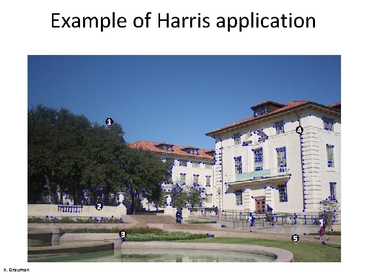 Example of Harris application 1 4 2 3 K. Grauman 5 