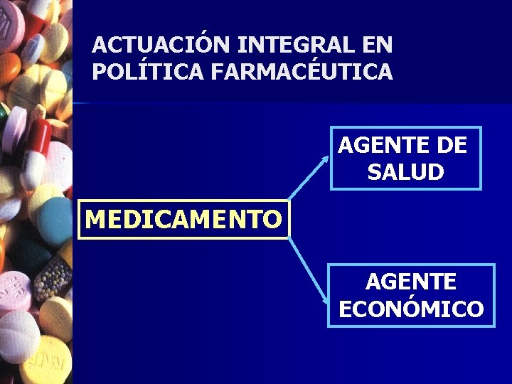 ACTUACIÓN INTEGRAL EN POLÍTICA FARMACÉUTICA AGENTE DE SALUD MEDICAMENTO AGENTE ECONÓMICO 