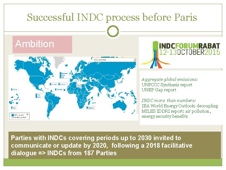Successful INDC process before Paris Ambition Aggregate global emissions: UNFCCC Synthesis report UNEP Gap