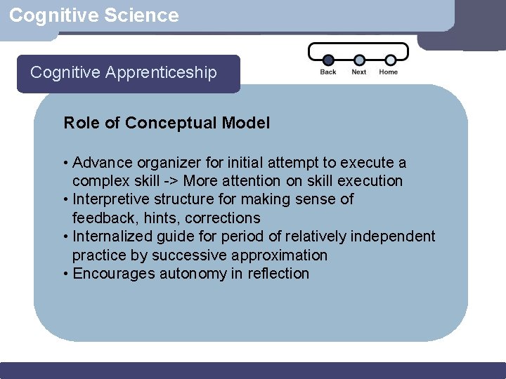 Cognitive Science Cognitive Apprenticeship Role of Conceptual Model • Advance organizer for initial attempt
