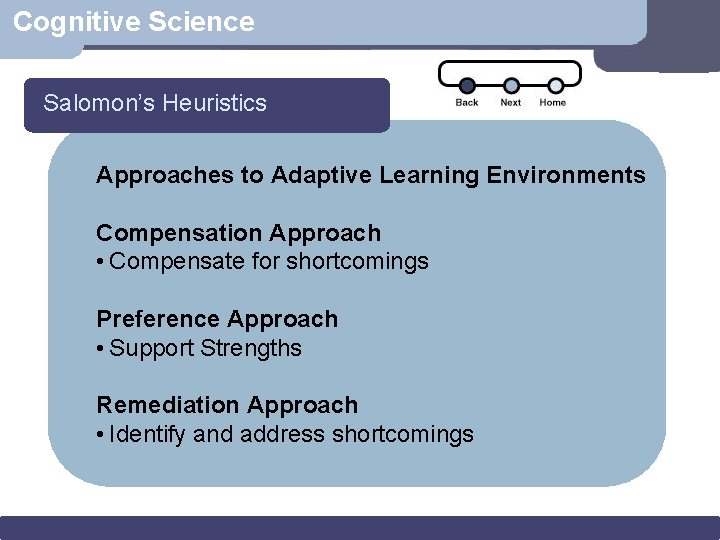 Cognitive Science Salomon’s Heuristics Approaches to Adaptive Learning Environments Compensation Approach • Compensate for