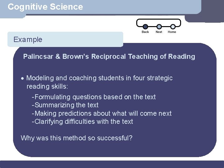 Cognitive Science Example Scenario Palincsar & Brown’s Reciprocal Teaching of Reading · Modeling and