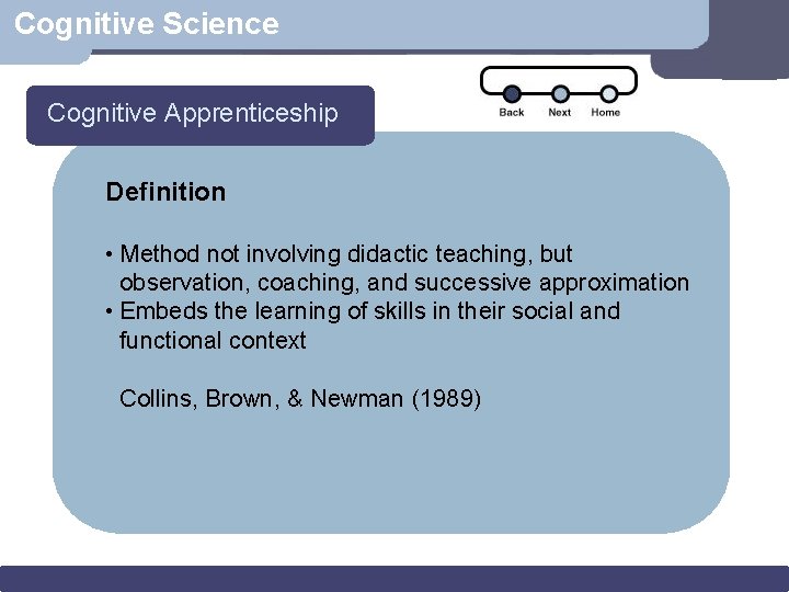 Cognitive Science Cognitive Apprenticeship Definition • Method not involving didactic teaching, but observation, coaching,