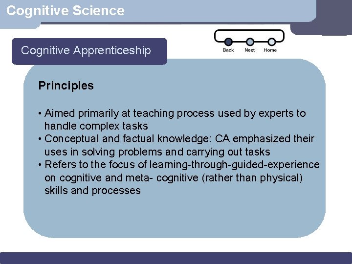 Cognitive Science Cognitive Apprenticeship Principles • Aimed primarily at teaching process used by experts