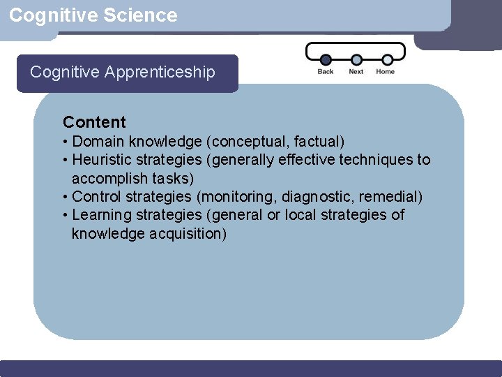 Cognitive Science Cognitive Apprenticeship Content • Domain knowledge (conceptual, factual) • Heuristic strategies (generally