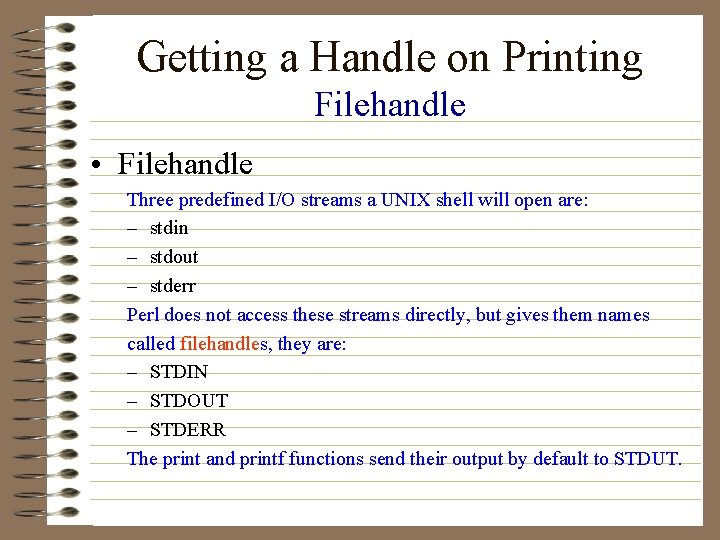 Getting a Handle on Printing Filehandle • Filehandle Three predefined I/O streams a UNIX