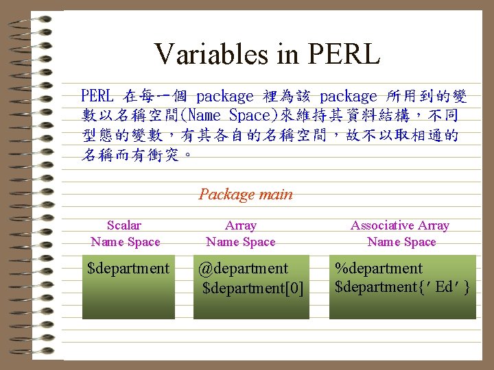 Variables in PERL 在每一個 package 裡為該 package 所用到的變 數以名稱空間(Name Space)來維持其資料結構，不同 型態的變數，有其各自的名稱空間，故不以取相通的 名稱而有衝突。 Package main