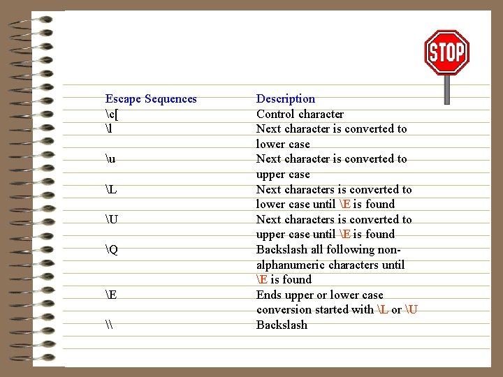 Escape Sequences c[ l u L U Q E \ Description Control character Next