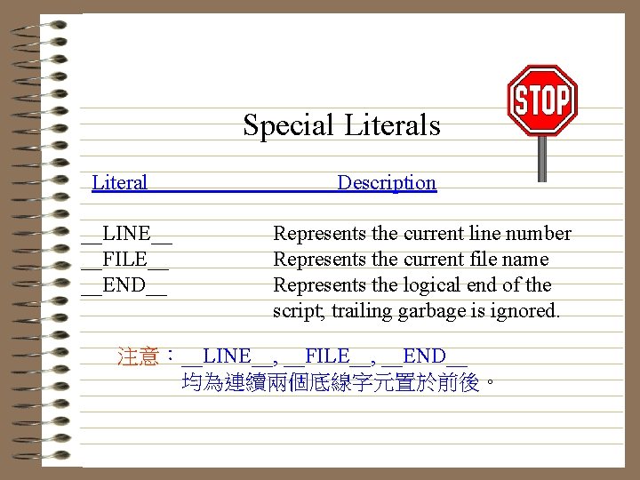 Special Literals Literal __LINE__ __FILE__ __END__ Description Represents the current line number Represents the