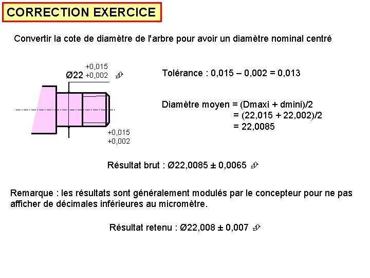 CORRECTION EXERCICE Convertir la cote de diamètre de l'arbre pour avoir un diamètre nominal
