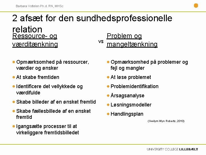 Barbara Voltelen Ph. d. RN, MHSc 2 afsæt for den sundhedsprofessionelle relation Ressource- og