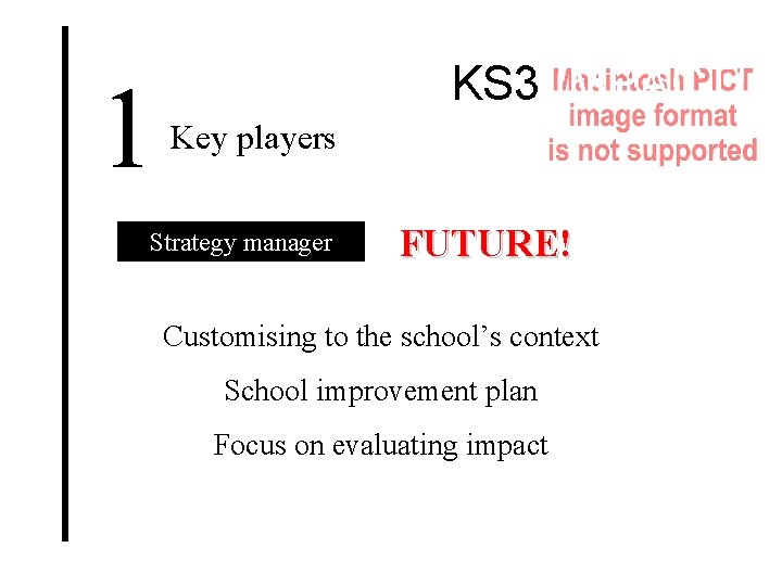 1 KS 3 IMPACT! Key players Strategy manager FUTURE! Customising to the school’s context