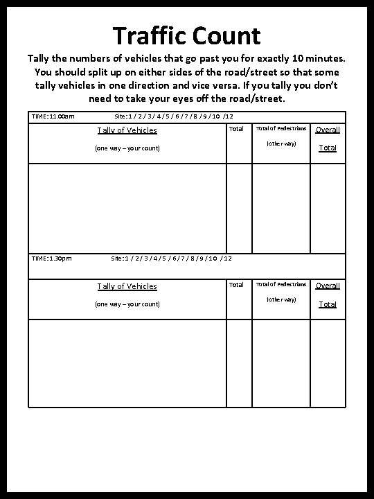 Traffic Count Tally the numbers of vehicles that go past you for exactly 10