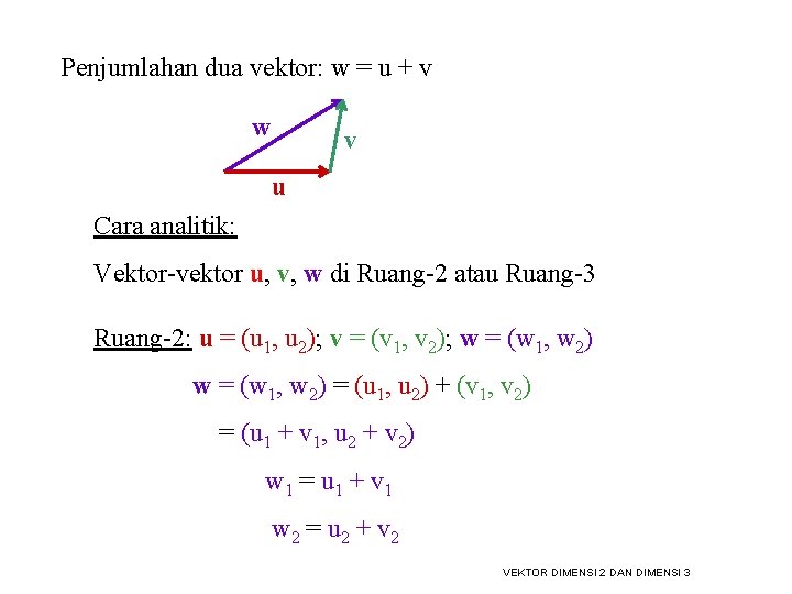 Penjumlahan dua vektor: w = u + v w v u Cara analitik: Vektor-vektor