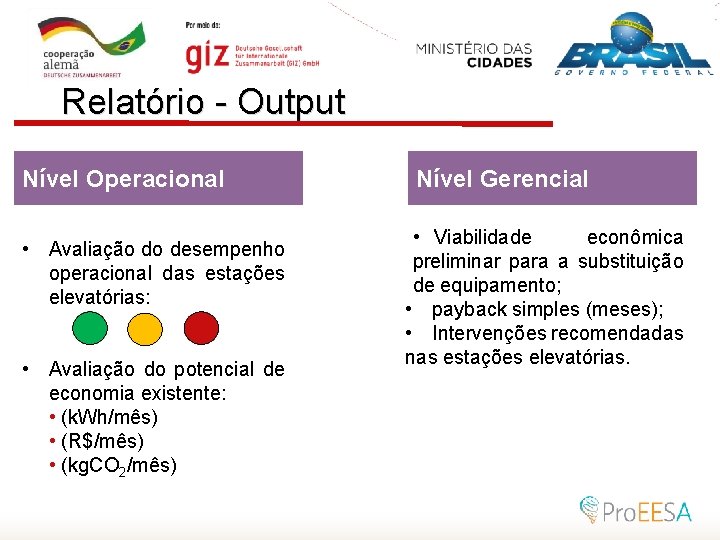 Relatório - Output Nível Operacional • Avaliação do desempenho operacional das estações elevatórias: •