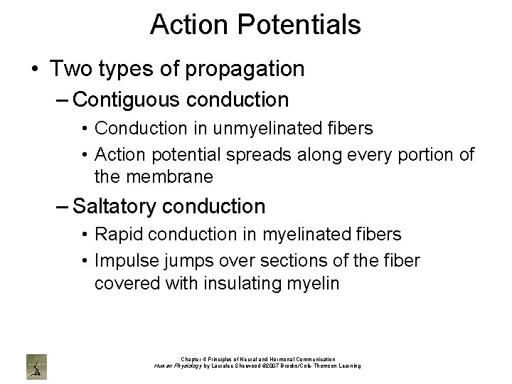 Action Potentials • Two types of propagation – Contiguous conduction • Conduction in unmyelinated