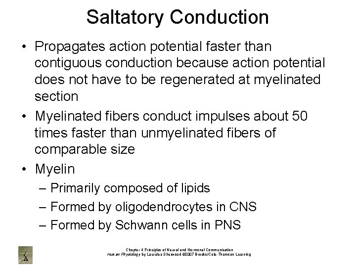 Saltatory Conduction • Propagates action potential faster than contiguous conduction because action potential does