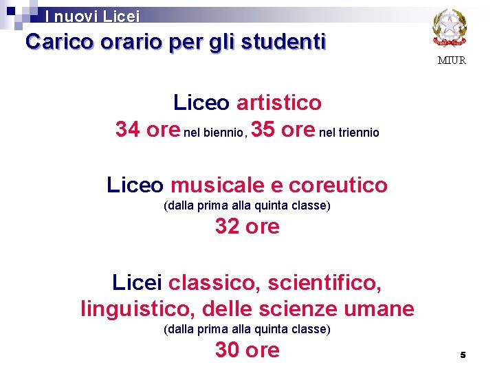 I nuovi Licei Carico orario per gli studenti MIUR Liceo artistico 34 ore nel