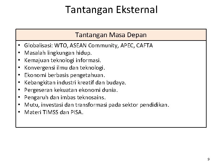 Tantangan Eksternal Tantangan Masa Depan • • • Globalisasi: WTO, ASEAN Community, APEC, CAFTA