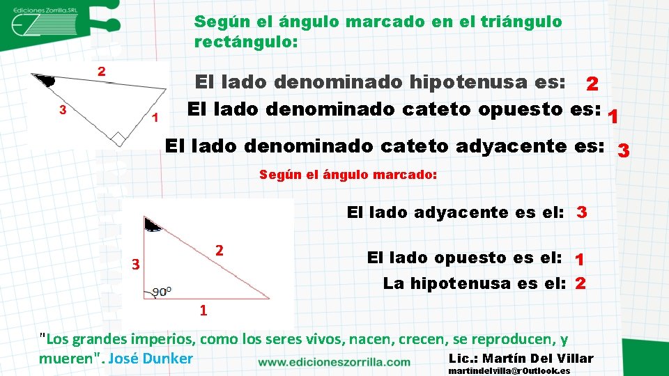 Según el ángulo marcado en el triángulo rectángulo: El lado denominado hipotenusa es: 2